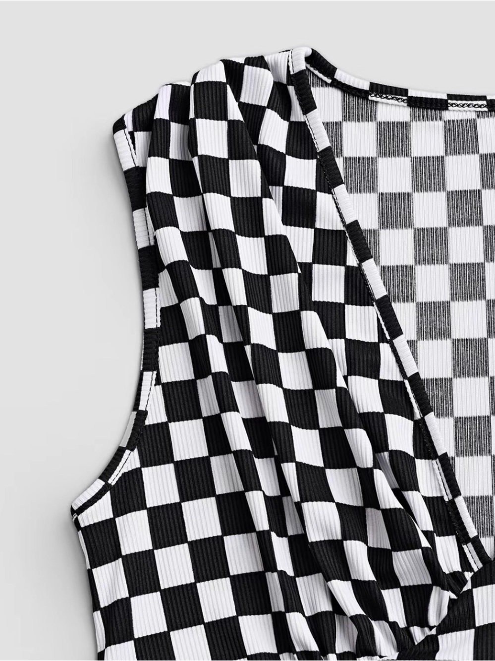 Retro Chic Black and White Checker Breathable Ribbed Jumpsuit New Boutique - Picture 3 of 5